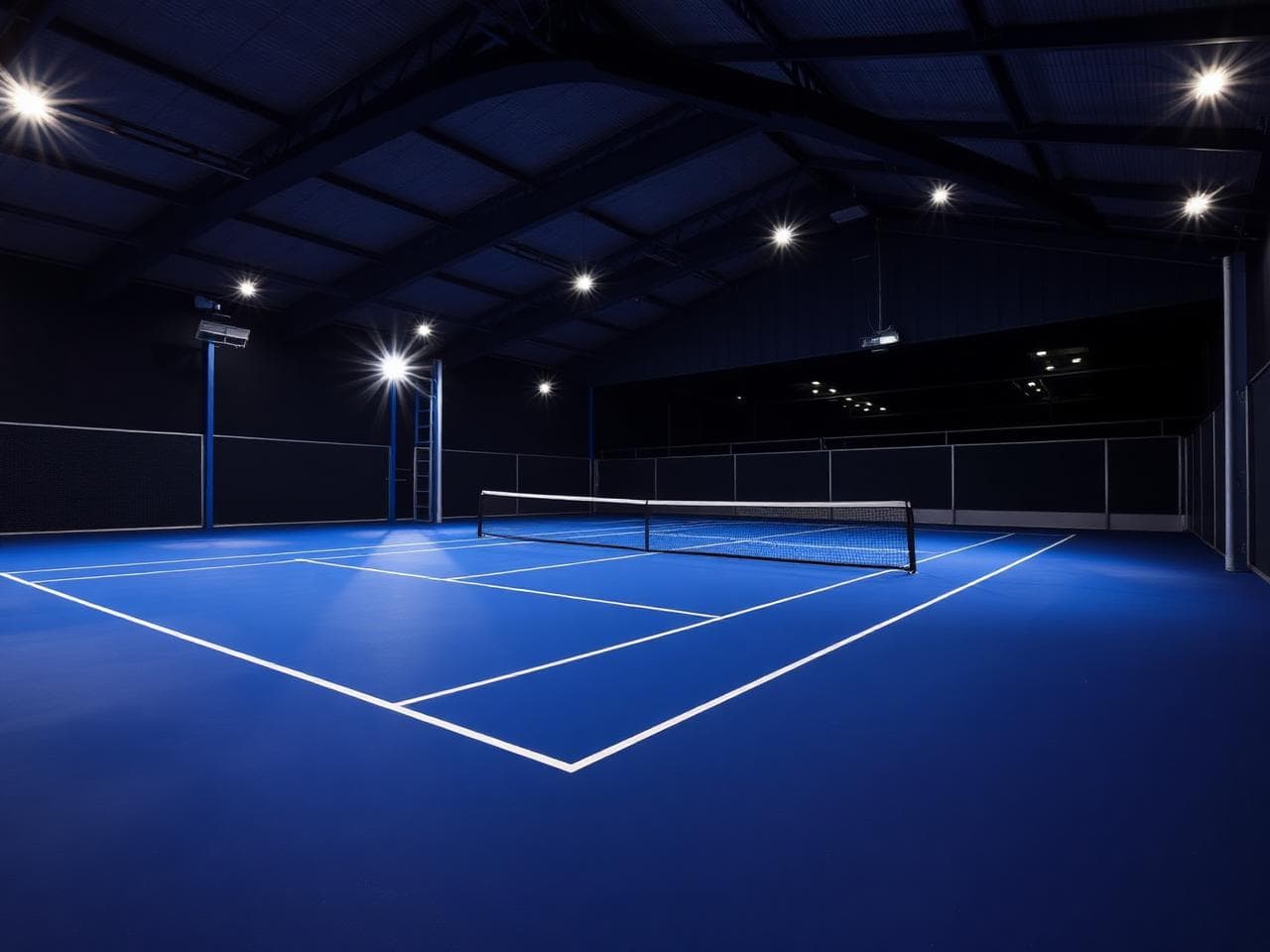 Indoor tennis court with a clean hard surface