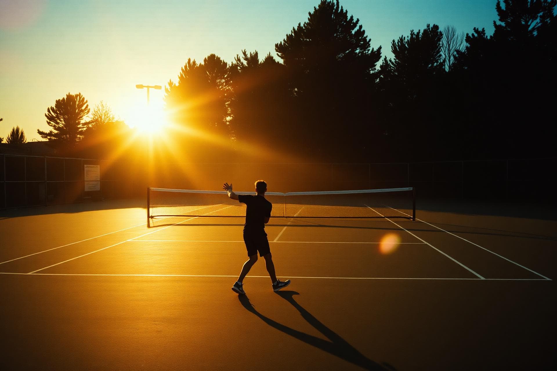 A lit tennis court prepared for play